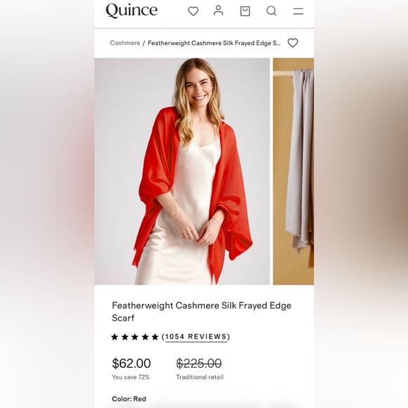 NWT Quince Cashmere Silk Featherweight Frayed Edge Scarf in Red - Picture 6 of 8